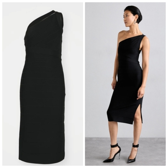 New Hervé Léger The Bella Asymmetrical Black Cocktail Party Midi Dress Small NWT - Picture 6 of 14